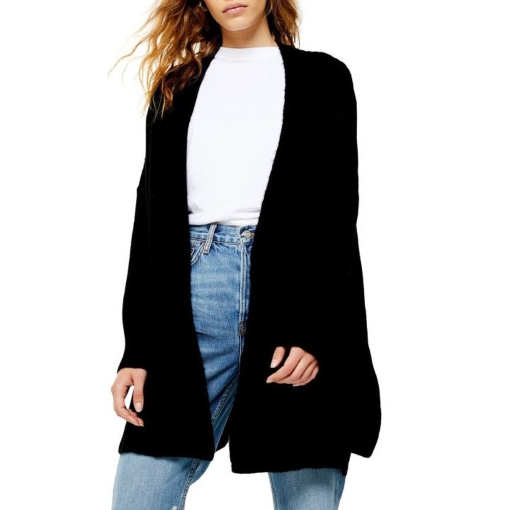 Topshop Black Ribbed Long Pocket Cardigan Size 14